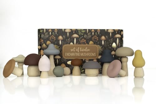 Image of Mushroom Toys Wooden Woodland Kids Garden Fungi Mushroom Table Decor Set of 12