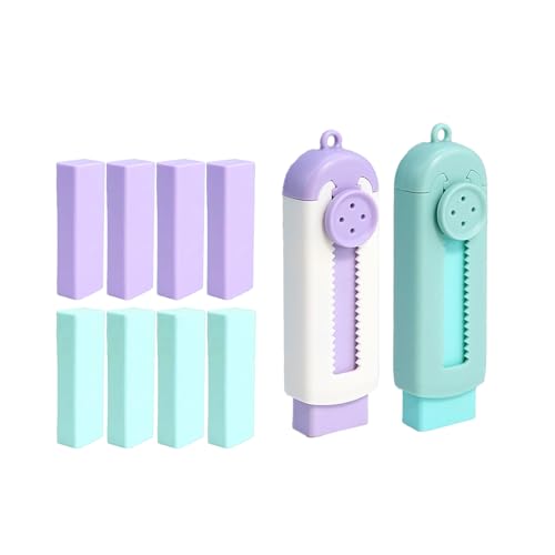GZBABY Retractable Eraser with Plastic Sleeve 2 Pack, Sliding Pencil Eraser Include 8 Refill Erasers, Easy Storage (Green Purple)