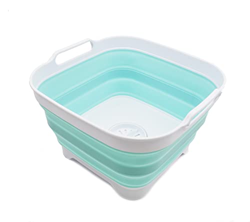 SAMMART 10L Collapsible Dishpan with Draining Plug - Foldable Washing Basin - Portable Dish Washing Tub - Space Saving Kitchen Storage Tray (White/Lake Green, 1)