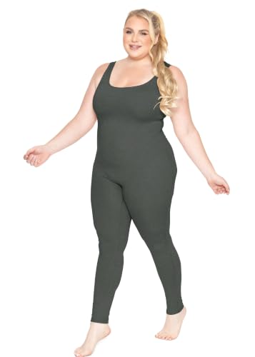 Image of STRETCH IS COMFORT Womens Plus Size Tank Unitard Athletic Rompers For Women | 95% cotton 5% spandex, round neckline, sleeveless straps, U-back, seamless front, one piece outfits for women, workout romper