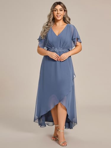 Image of Ever-Pretty Plus Women's V Neck Applique Plus Size Wedding Guest Dress Short Sleeves Maxi Formal Dresses Dusty Navy US20
