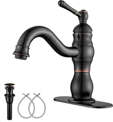 GGStudy - Grifo de baño de bronce aceitado, grifo de tocador de baño de una sola manija, grifo mezclador para lavabo de baño, grifo mezclador a juego con desagüe desplegable con desbordamiento
