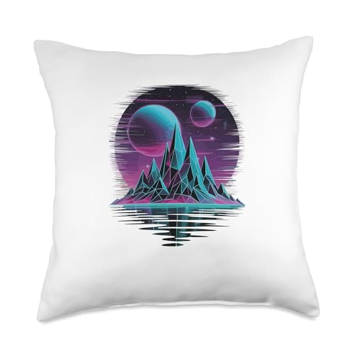 Futuristic Mountain Landscape with Planets and Grid Throw Pillow