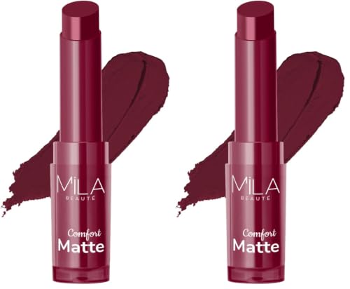 Image of Mila Beaute Creamy Comfort Matte Long-Lasting Lipstick for Women | Highly Pigmented & Hydrating Lipstick with Jojoba | Single Swipe Application | Suitable for Indian Skin Tones - DEEP WINE (Pack of 2)