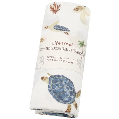 Image of LifeTree Baby Swaddle Blanket, 70% Viscose from Bamboo and 30% Cotton Muslin Swaddles Blankets Boys Girls, Sea Turtle Swaddling Blanket for Newborn, Super Soft Large 47 inch x 47 inch