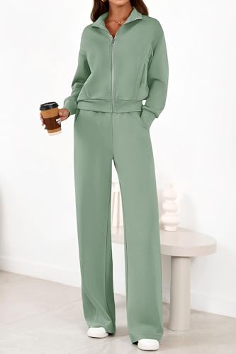 PRETTYGARDEN Women's 2 Piece Outfits Spring Sweatsuits Zip Up Sweatshirt Wide Leg Sweatpants Casual Tracksuit Lounge Sets(Sage Green,XX-Large) — view 2