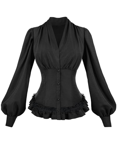 Fiamll Viktorianische Bluse Damen Langarm Gothic Renaissance Bluse Vintage Steampunk Oberteil Mittelalter Shirt S