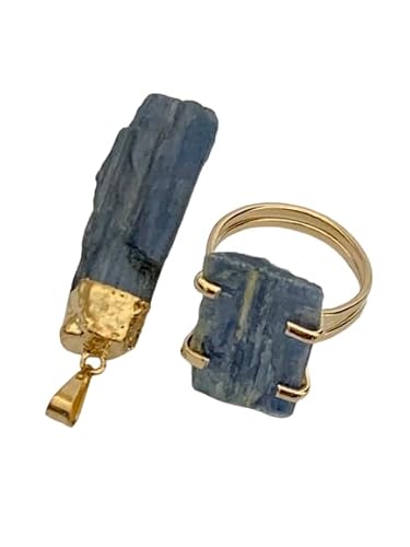 Kit 2 Peças Pedra Natural Turmalina Anel e Pingente Feminino Semi Joia Luxo (Cianita Azul)