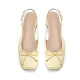 Lhamo Latso Ballet Flats Bow Slingbacks Pumps Ballet Pumps 1 Inch Chunky Heel Ballerina Flats Cute Shoes Closed Square Toe Yellow 8