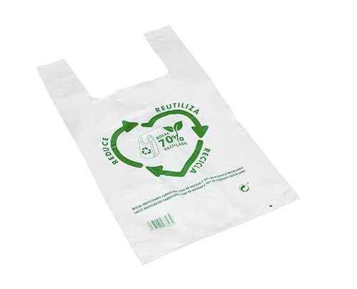 Bolsas plástico. Bolsas asas plástico 35x50cms. Bolsas Camiseta 50 micras 70% reciclado 35x50 BLANCA. Bolsas de plástico con asas 35x50cms. PACK de 50 unidades de bolsas. Alta resistencia.