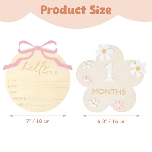 Image of Wooden Baby Announcement Sign & Baby Monthly Milestone Sign Set, Birth Announcement & 1-12 Months Interchangeable Discs for Newborn Girls Photo Props (White Numbers)