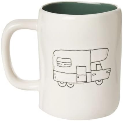 Rae Dunn HAPPY CAMPER Glossy White Coffee Tea Double Sided Mug with Green Inside and Camper Icon on Back