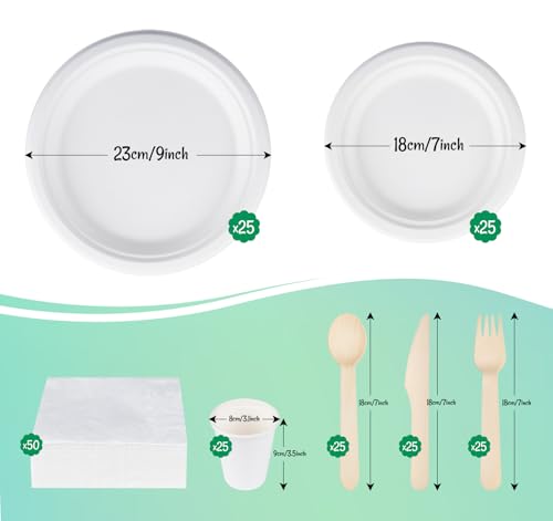 Anstore Disposable Plates and Cutlery Set, 200 Pcs Paper Plates and Cups Set, Biodegradable Tableware Set Party Wedding Christmas Picnic Set Including Plate, Spoon, Fork, Knife, Drinking Cups, Napkins