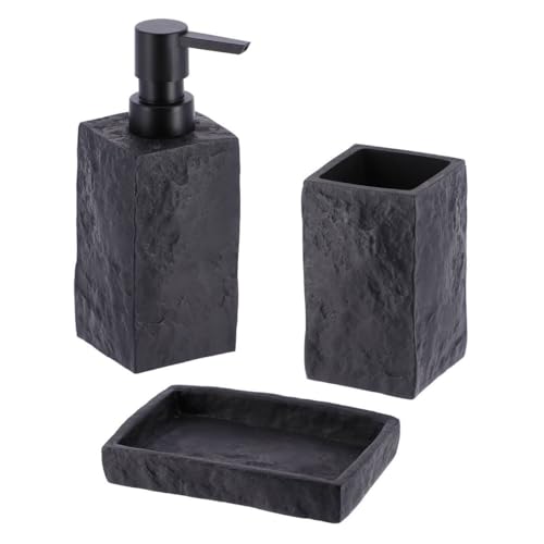 Tendance - Set Gobelet Distributeur à Savon et Porte Savon Polyrésine Effet Pierre - Noir - Salle de Bain - Accessoire Salle de Bain à Poser