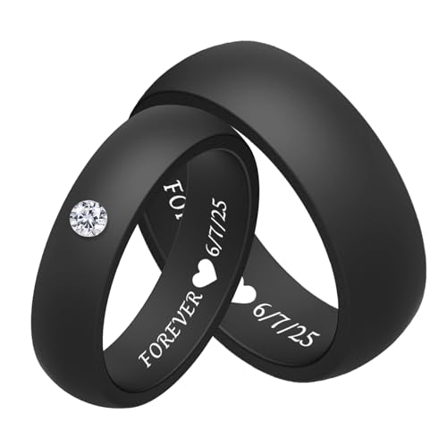 Custom Rubber Wedding Bands for Couples 5.7MM+8MM, Personalized Silicone Rings for Him and Her With Cubic Zirconia, Engrave His and Hers Silicone Wedding Bands Men Women, Anniversary Engagement Gifts