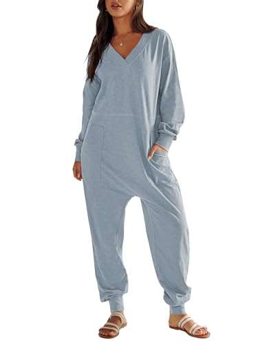 ANRABESS Jumpsuits for Women 2025 Fall Long Sleeve Casual Loose Fit Romper Lounge One Piece Pajamas Outfits Jumper Blue Large