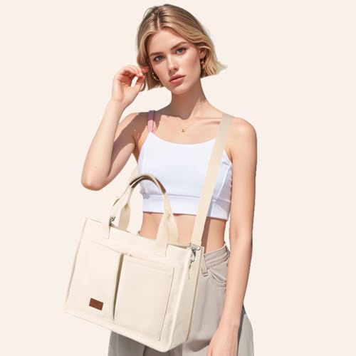 Voova Large Canvas Tote Bag for Women, Ladies Work Bags with 13-14” Laptop Compartment & Shoulder Strap, Shoulder Bag Handbag Totes for School Work Travel, Beige - Image 6