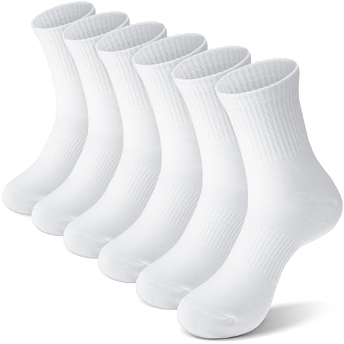 ANTSANG Kids School Athletic Sports Cotton Socks, Breathable Soft Crew Socks for Teen Girls Boys, 6 Pairs (White, 5-8 Years)