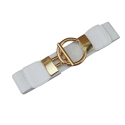 FRCOLOR 1Pc Women Wide Elastic Waist Cinch Belt Stylish PU Girdle with Golden Round Buckle for Fashionable Outfits White Accessory for Dresses Jeans and Trousers