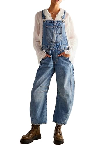 LONGBIDA Womens Denim Overalls Barrel Wide Leg Loose Bib Jean Jumpsuit Blue S