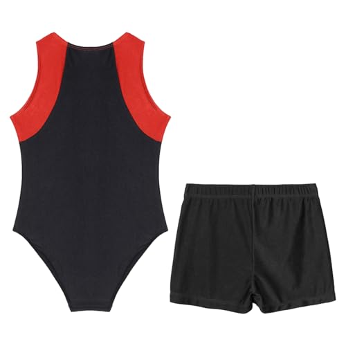 Manyakai Justaucorps Gymnastique Garcon avec Short Tenue Patinage Artistique sans Manches Legging Gym Ensemble Sport Survêtement 5-16 Ans, Rouge Noir, 5-6 ans