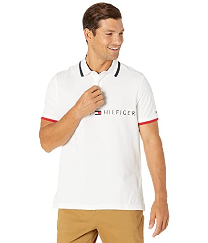 Tommy Hilfiger Men's Short Sleeve Cotton Flag Graphic Polo Shirt in Custom Fit, Bright White, Small