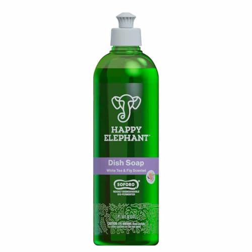 Happy Elephant Dish Soap, White Tea & Fig Scent, Natural Biodegradable Liquid Dish Soap, Plant Based, Grease Fighting, Tough on Food, Gentle on Hands, No Synthetic Fragrance, 12 Fl Oz