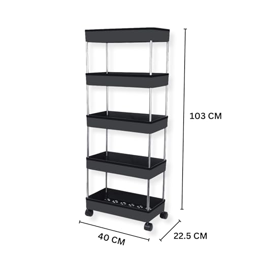 Image of AEXONIZ TOYS Plastic Kitchen Storage Trolley Rack | Multi-Purpose Storage Cart with Wheels for Kitchen & Bathroom|Space-Saving Organizer Rack with Wheels (Black, 5 Layer)