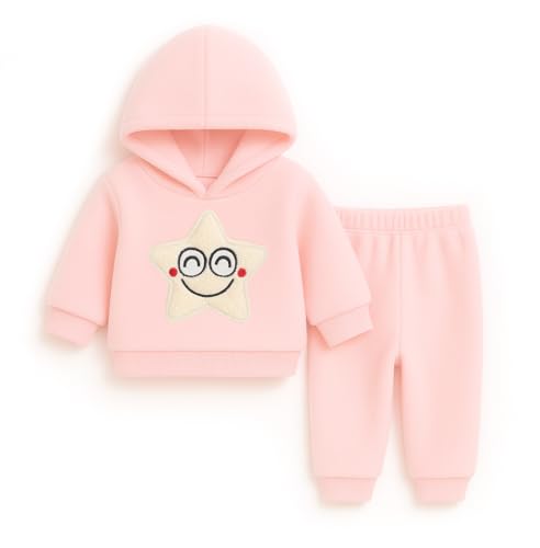 Image of Bold N Elegant Unisex Kids Fleece Printed Smiling Star Warm Fur Pullover Sweatshirt Hoodie Tshirt and Jogger Pant Winter Clothing Set Dress