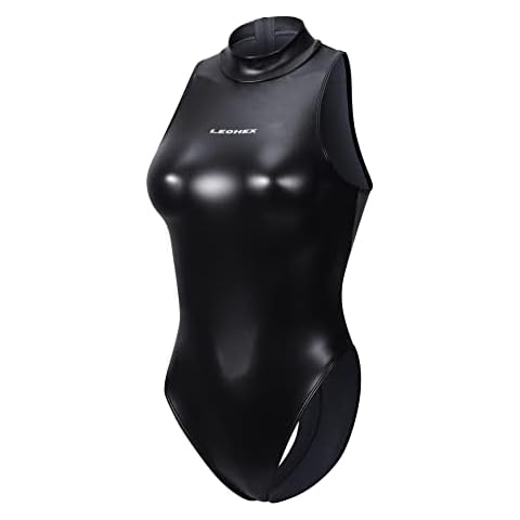 LEOHEX Metallic Shiny Spandex Leotard Sexy Sheer Rave Hot Bodysuit High Neck Cute One Piece Swimsuit Monokini (as1, Alpha, xx_l, Regular, Regular, Black, XXL) Cover