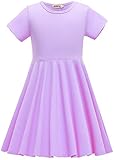 TriKalor Girls Dresses Short Sleeve Solid Color Skater Casual Twirly Dress with Pockets Lavender 6-7