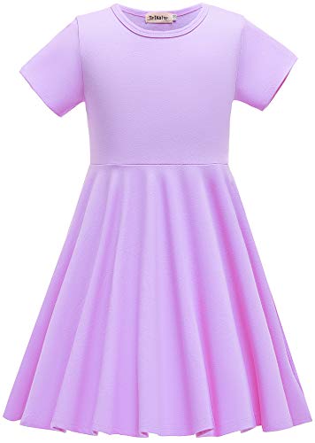 Trikalor Girls Dresses Short Sleeve Solid Color Skater Casual Twirly Dress With Pockets Lavender 6-7 Years #TOP16