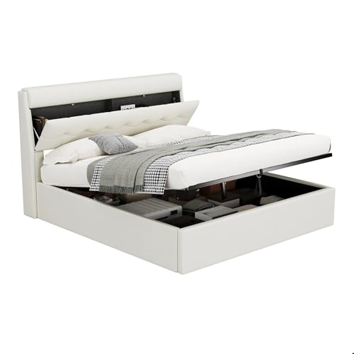 Gxffipw Doppelbett Polsterbett 140x200 cm mit Verdeckter Stauraum am Kopfteil, Hydraulisches Bett mit Stauraum, Jugendbett Stauraumbett Bettgestell mit Lattenrost, PU, Weiß, Ohne Matratze