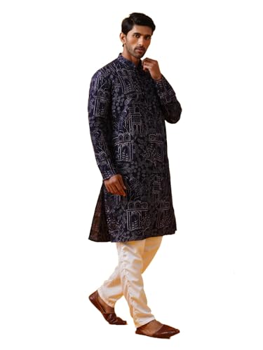 Image of SOJANYA (Since 1958 Men's Cotton Silk Kantha Thread Embroidered Kurta with White Pyjama