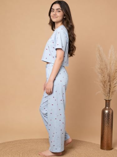 Image of Li'l Tomatoes Girls Cotton Night Suit Set | 100% Cotton Summer Co-Ord Set | Half Sleeve T-Shirt & Full Length Pajama | Soft & Breathable Printed Clothing Set | 9-16 Years