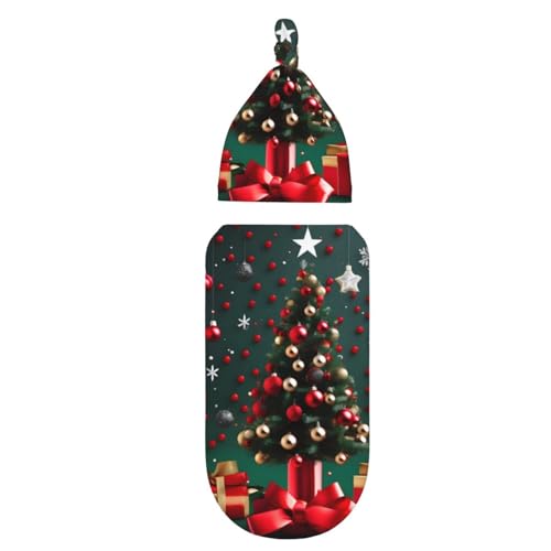 Round Ball Christmas Tree Print Newborn Swaddle Blanket with Beanie Set, Soft Baby Sleep Sack Receiving Wraps, for Boy Girl