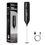 Bonsenkitchen Handheld Milk Frother, Electric Milk Foamer Matte Stainless heas& ABS Body, Type-C Rechargeable, Whisk for Coffee, Lattes, Cappuccino, Matcha, Electric Stirrer Coffee Mixer Wand (Black)