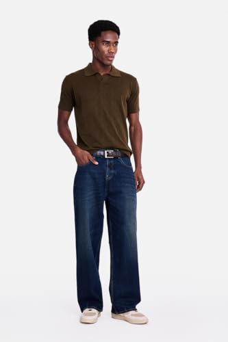 Image of SNITCH Men Knitted Polo T-Shirt | Geometric Pointelle Textured Knit & V-Placket Polo Collar | 100% Cotton Breathable Summer Knit, Casual Resort Wear