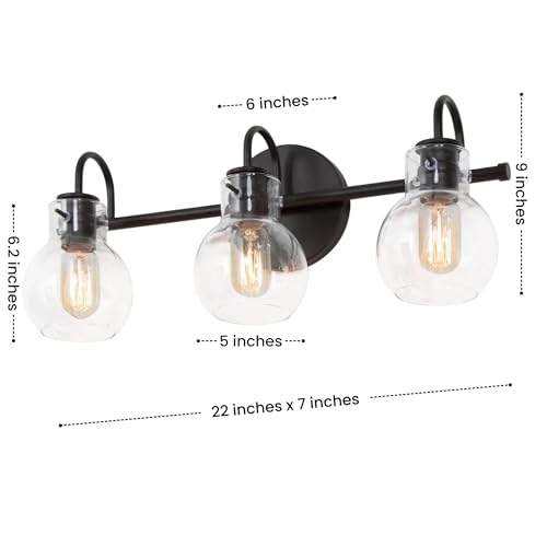 Image of LALUZ Black Bathroom Vanity Light Fixtures, 3-Light Matte Black Farmhouse Vanity Lights with Clear Glass Globe, 22'' Modern Bathroom Lighting Lights Over Mirror