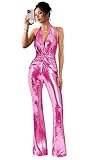 UpQuire Sequin Women's Jumpsuits Dressy Backless Jumpsuits for Women Hot Pink Sexy Glitter Sparkly Jumpsuit Shiny Halter Jumpsuit Size Medium