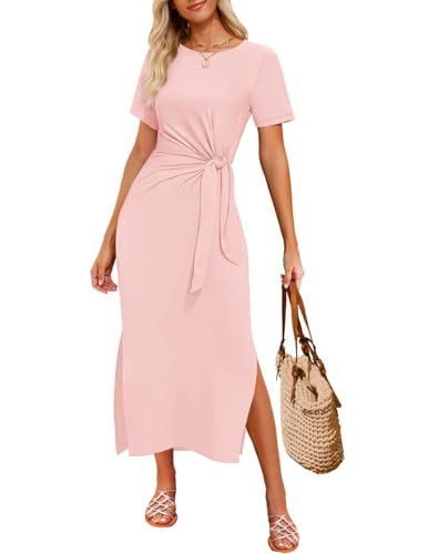 ZESICA Women's Summer Short Sleeve Bodycon Midi Dresses 2025 Casual Crewneck Knit Wrap Tie Waist T Shirt Long Dress,Dusty Pink,Large