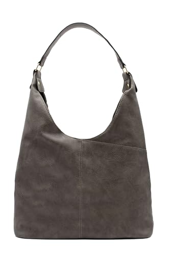 Pluspup Premium Design Women V Slouch PU Leather Large Handle Shoulder Handbag Tote Hobo Shopper Work Bag & School Grey