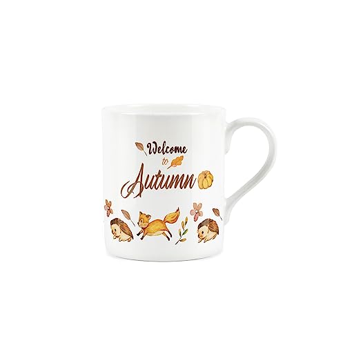 Autumnal Mug - Hedgehogs and Foxes Welcome to Autumn - Small Fine Bone China White Mug Coffee/Tea Present Gift