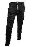 Trendige Boyfriend-Baggy Jeans von Karostar by Lexxury. Durch Stretchanteil super Passform, super Farben, etwas tieferer Schritt Tiefer sitzende Taschen 5 Taschen 4 Knöpfe Tapered, d. h. eine Mischung aus Baggy- und Karottenform, deshalb sehr gut geeignet für Stiefel oder Booties, da sie an den Waden schön eng anliegt relativ kurz geschnitten (siehe Hosenlänge!) Schrittlänge ca. 74 cm