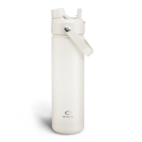 Insulated Water Bottle with Straw - Encool Stainless Steel Water Bottle, Leak-Proof, BPA-Free, Double Wall Vacuum Keeps Cold for 24 Hours for Sports, Travel, School (26 oz, Cream Moon)