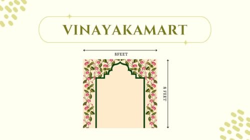 Image of Lakshmi puja Backdrop | Light Cream Traditional Backdrop with a Central Green Archway Frame and Pink Lotus Garden Borders 8x8 Feet | Background Decoration Cloth | Pooja pichwai Backdrop