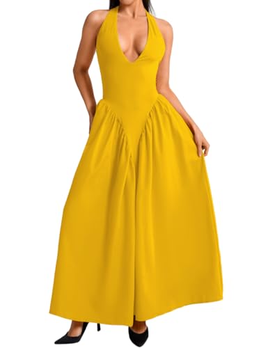 Image of ChiaoLezhee Deep V Neck Dress, Halter Maxi Dresses, Vacation Date Night, Sexy for Women Corset Flowy Wedding Guest Drop Waist
