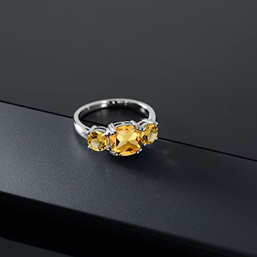 Gem Stone King 925 Sterling Silver Yellow Citrine 3 Stone Engagement Ring For Women (3.90 Cttw, Gemstone November Birthstone, Cushion 8MM, Available in Size 5,6,7,8,9)2
