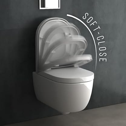 Alpenberger Hänge WC Spülrandlos | Toilette mit Nano | Tiefspüler Wand WC | Duroplast Toilettendeckel mit Absenkautomatik - UNI Sitz | Keramik Kloschüssel für Bad & Gäste WC | Passend Geberit – Bild 6