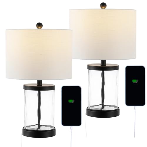 JONATHAN Y 21" Black Modern Industrial Water Glass Table Lamp Set of 2 with USB Charging Port, Iron Bedside Lamp for Bedroom Living Room, White Shade, LED Bulbs Included JYL4058A-SET2 by JONATHAN Y - Used condition - US$54.87